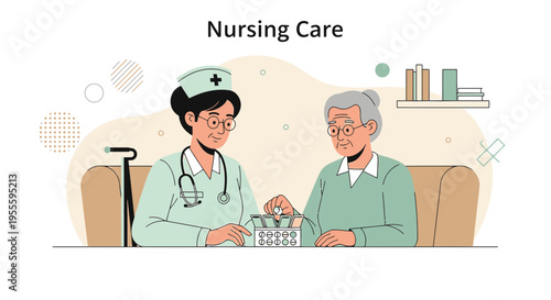 Nurse Caring for Elderly Patient, Medication and Support in Home Care Setting