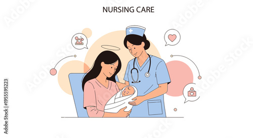Nurse caring for mother and newborn baby, nursing care concept