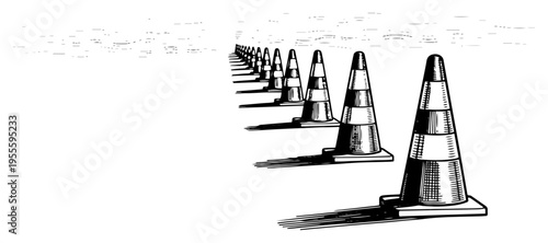 Hand drawn vector illustration of traffic cones lined up in perspective on a plain background