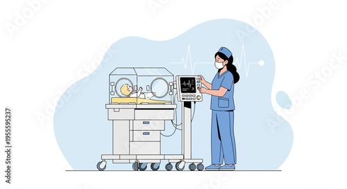 Nurse caring for newborn baby in incubator with medical equipment and heart monitor