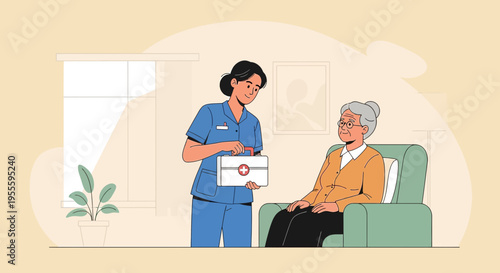 Nurse caring for elderly woman at home, providing medical assistance and comfort