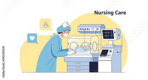 Nurse caring for newborn baby in incubator with medical equipment