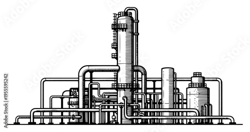 Detailed vintage style woodcut illustration of an oil refinery and industrial factory processing plant
