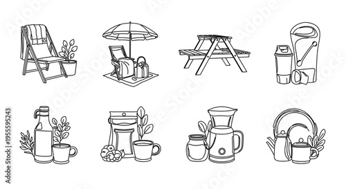Collection of line art icons representing outdoor and kitchen items