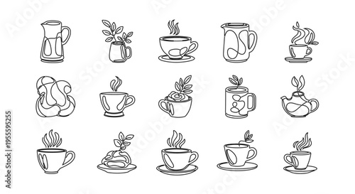 Collection of minimalist line art icons representing hot beverages and tea