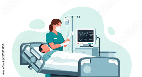 Nurse caring for patient in hospital bed with EKG monitor