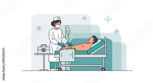 Nurse caring for patient in hospital bed with IV drip, medical care concept