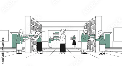 Diverse group of people organizing and carrying stacks of books in a library setting