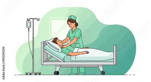 Nurse Caring for Patient in Hospital Bed with IV Drip