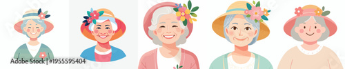 half body vector of grandma wearing flower hat in spring