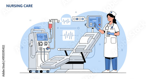 Nurse Caring for Patient with Medical Equipment in Hospital Room