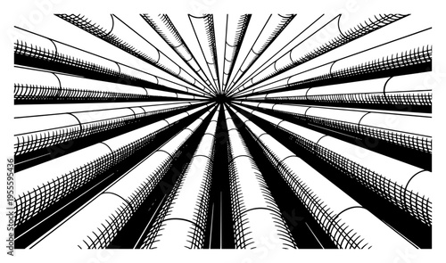 Detailed engraving of a tunnel formed by industrial pipes converging at a central point