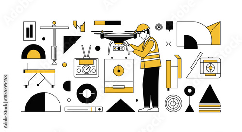 Technician in hard hat and vest inspecting a drone with various technical equipment around