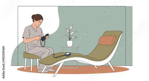 Nurse checking blood pressure in a medical office with a patient lying on a chaise lounge.