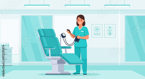 Nurse checking blood pressure in a modern clinic examination room