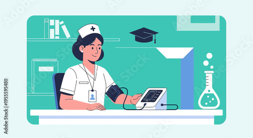 Nurse checking blood pressure in laboratory with medical equipment and graduation cap