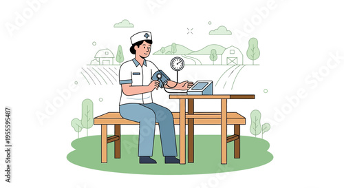 Nurse checking blood pressure in rural setting with farm background