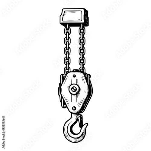 Classic engraving style drawing of an industrial chain hoist with a heavy duty hook