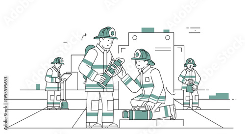 Firefighters in protective gear collaborate on equipment inspection with a cityscape background