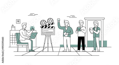 Filmmaking crew collaborates on set with camera, clapperboard, and laptops for production