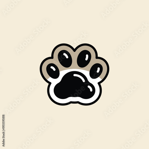 Simple cartoon paw print on soft beige background. Brown pads, black center, outlined in white. Pet-friendly icon for apps, websites, or merchandise. Cute design appeals to animal lovers, kids