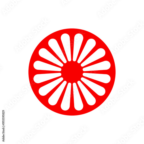 Romani People ethnic group red Wheel or Dharmachakra or Cartwheel emblem. Romany or Rromani or Roma People flag element