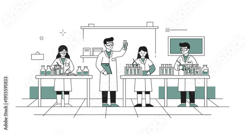 Scientists in a laboratory conducting experiments with test tubes and beakers