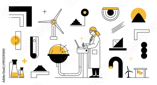 Scientist in lab coat working with technology and renewable energy symbols