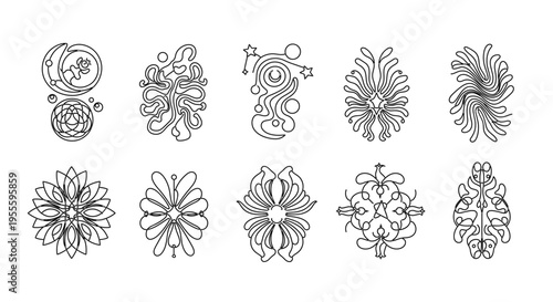 Collection of ten unique abstract line art designs, including celestial and floral motifs