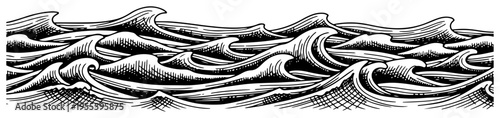 Woodcut style engraving of stormy ocean waves in a panoramic banner format