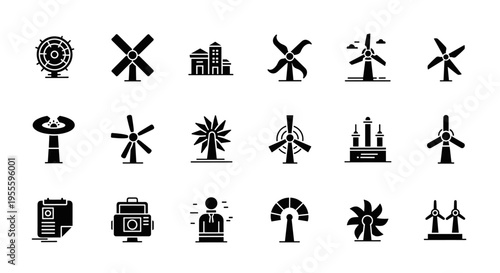 Collection of wind turbine and renewable energy icons in a modern flat design style