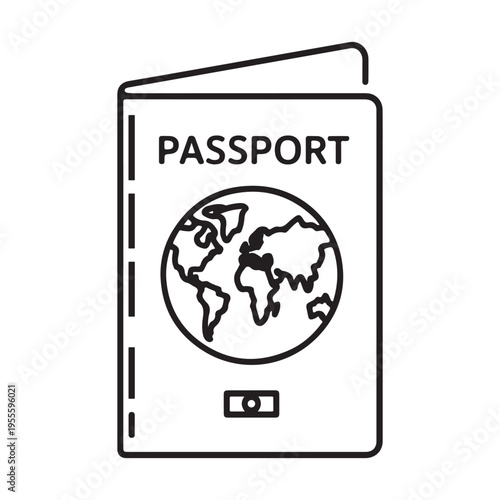 Passport icon with world globe, minimalist thin line vector illustration for travel, tourism, and international identification