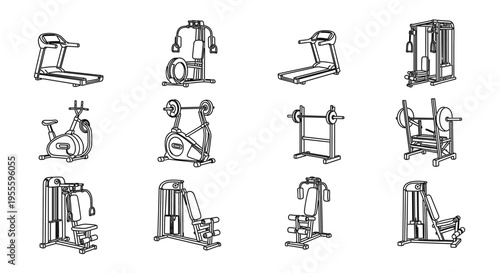 Collection of line art fitness equipment icons for a gym or workout routine