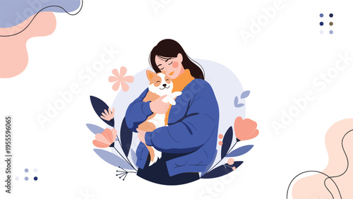 Tender illustration of a young woman hugging her small corgi dog surrounded by delicate flowers representing love and companionship.