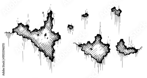 Irregular holes or tears in a white surface with crosshatched woodcut texture