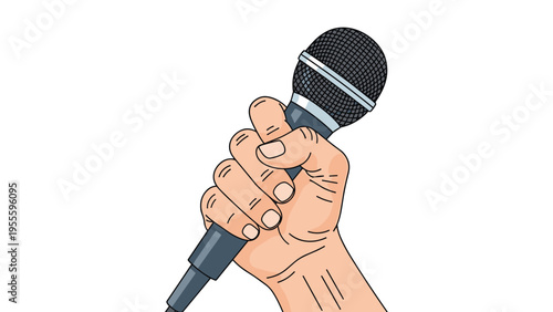 Human hand firmly grasping a professional black microphone as if giving a speech or singing isolated on a plain white background.