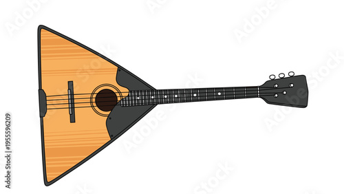 Traditional Russian balalaika stringed musical instrument is shown with its distinctive triangular wooden body and three strings.