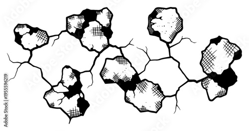 Woodcut style illustration of broken ground with stone fragments and deep cracks