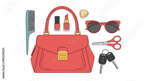 Stylish pink handbag is surrounded by everyday essentials including sunglasses, car keys, lipstick, nail polish, and a hair comb.