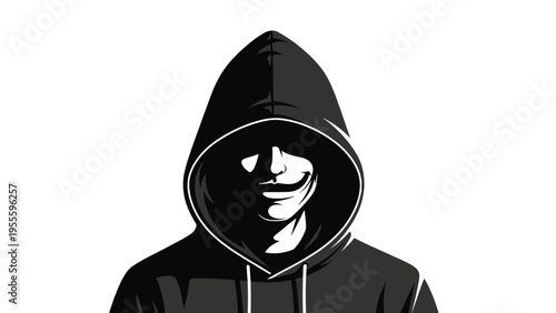 Mysterious individual wears a dark black hoodie with their face obscured by a smiling anonymous mask in high contrast shadow.