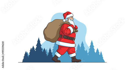 Santa Claus in his traditional red suit and hat walks through a snowy forest carrying a large brown sack filled with presents.
