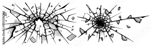 Engraving style illustration of shattered glass with sharp cracks and broken fragments