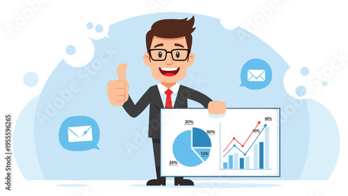 Cheerful businessman gives a thumbs up while presenting a professional chart showing positive growth and data analysis trends.
