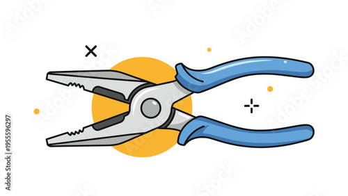 Professional grade combination pliers with blue ergonomic handles are shown in an open position on a white and yellow background.