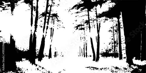 A black grunge floral background features ink splat textures and paint splashes with a vector tree branch silhouette and flower pattern design set within a dirty artistic stain border