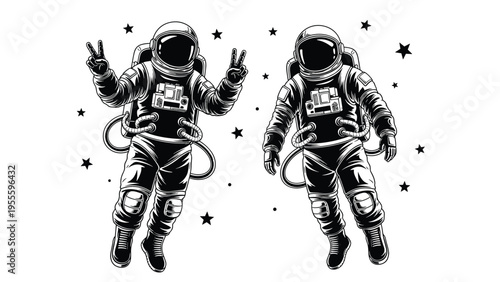 Pair of astronauts in detailed space suits float together among a field of stars in this classic black and white illustration.