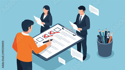 Diverse team of professionals works together to complete a giant checklist on a clipboard symbolising task management and goals.