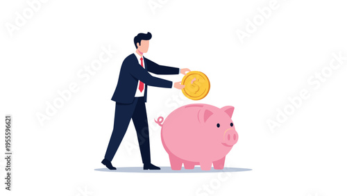 Professional businessman in a suit carefully places a large gold coin into a pink piggy bank to represent financial savings.