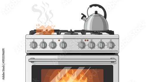 Modern kitchen range featuring a stainless steel gas stove with a lit burner producing flames and a classic silver kettle on top.