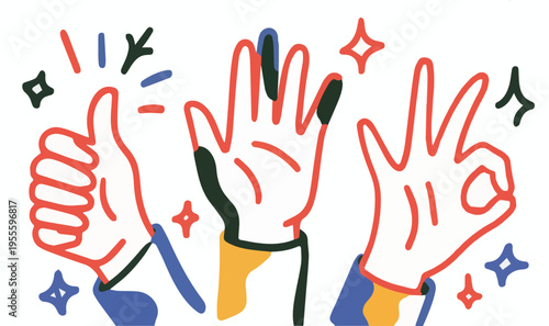 An illustration of cartoon hands performing gestures like OK, thumbs up, and high five, set against a neutral background. Decorated with colorful star shapes and sparkles, this artwork conveys